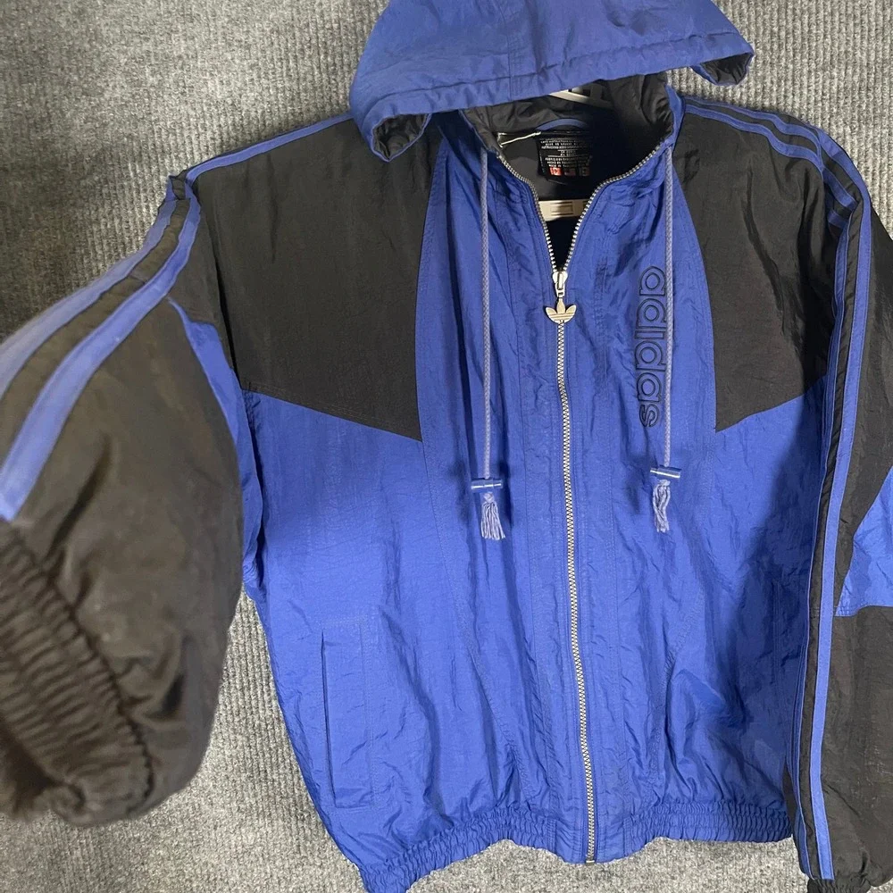 Vintage Adidas Originals Trefoil Hooded Windbreaker Jacket Men's M Blue Black
